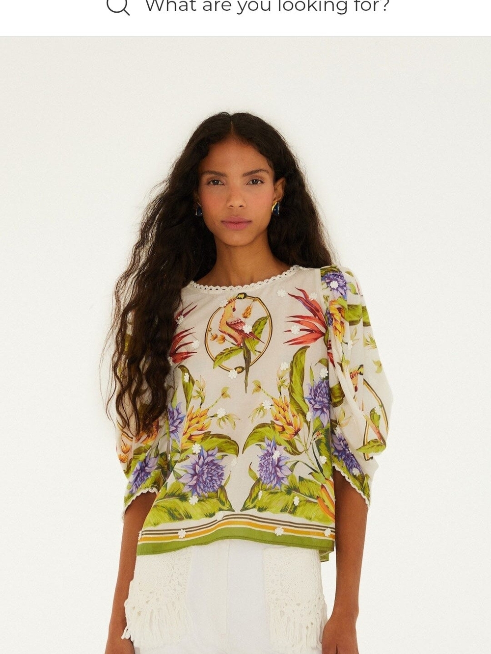 FARM Rio Cream Floral Puff-Sleeve Blouse with Purple & Green Motif